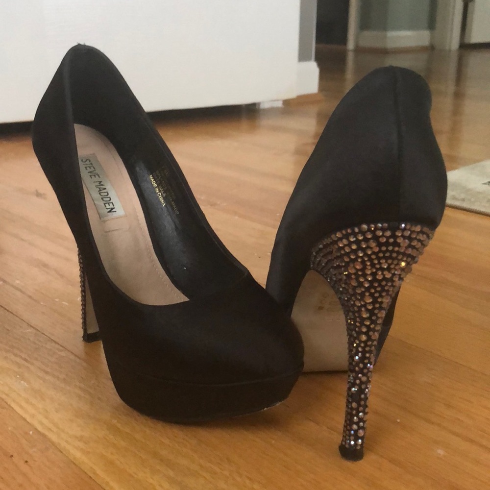 Steve Madden black satin pumps + Swarovski heels
